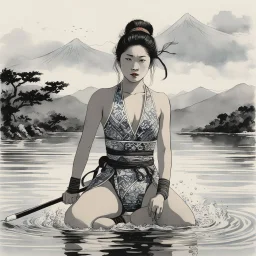 A surprised Nomadic samurai woman, 24-years-old wearing a one-piece swimsuit with patterns in traditional Chinese brush, expressive line, ink washes to fish in the water, poised on hands and knees, the overcast sky in the background, vintage 1980's photo