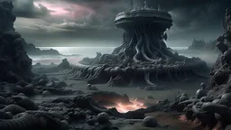 an apocalyptic landscape covered in dark gray dust. bones everywhere. a massive crater. coast of ocean. dark grey mist. seen from the ground. h.r. giger. so much horror. no trees. no fire. no glow. cinematic lighting, hyperrealistic, splash art, concept art, mid shot, intricately detailed, color depth, dramatic, colorful background