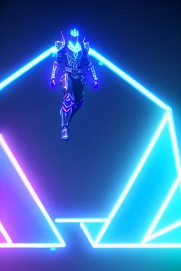 neon blue, flying parts of armor in form of triangles, cyber armor, geometric patterns on armor, male, orbiting triangle