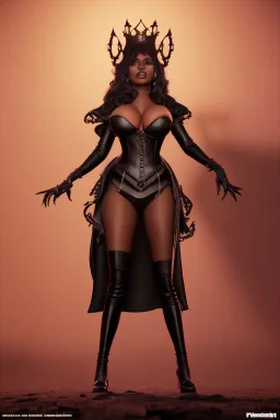 Pam Grier as evil queen in black leather, leather, busty, cleavage, angry, stern look. character design by cory loftis, fenghua zhong, ryohei hase, ismail inceoglu and ruan jia. unreal engine 5, artistic lighting, highly detailed, photorealistic, fantasy