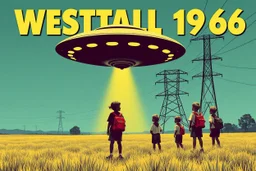 bumper sticker design, westall large flat ufo, in bold heading text "WESTALL 1966", lots of school children looking up in a field with high voltage powerline and gumtree's, mysterious cool, bold