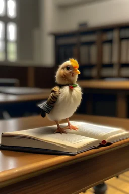 صورة صغيرة الدجاجة وصغير الحجم وهو وفي يده كتابه ويقف في قاعة محاضرة