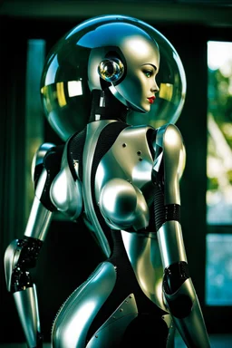 female humanoid robot, beautiful like a supermodel from the sixties, beautiful eyes, sexy, helmut newton, glass bubble