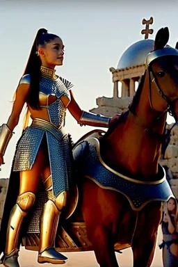 ariana grande in greek armor at the fall of the city of Troy trojan horse high quality