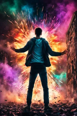 Young man standing, with arms raised, in front of an exploding building at night, with coloured auras around him