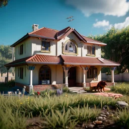 Cartoon pet with a smiley looking at a small house|mdjrny-v4 style| wide angle| intricate detailed| hyperrealistic| cinematic lighting| cinematic colors|hdr | unreal engine