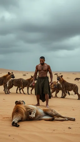 A man standing in the desert sands surrounded by hyenas tattacked him and he is laying on the ground to defend himself one of the hyenas attack him from the back and he felts on the ground , stormy weather and cloudy gray depressive rnverment