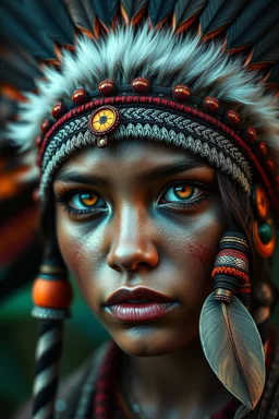 Close-up portrait hyper-realistic of a beautiful indigenous Amazonian girl, highly detailed facial textures with natural skin pores, realistic micro details, expressive face with glowing eyes in red, yellow, and green colors. Subtle tribal paint marks on her face, smooth skin glow, cinematic sharpness. She wears a grand feather headdress inspired by Apache Indian style, ornate and majestic with layered feathers. Ultra-detailed realism, 8K sharp textures, soft lighting and dramatic depth of field