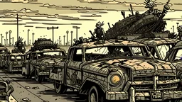 bandit cars on the highway, post-apocalyptic punk comic drawing style