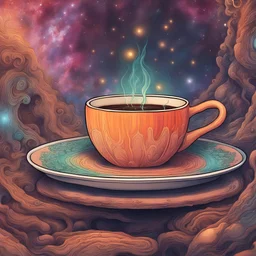 A mystical universe around a coffee cup, psychedelic, dramatic lighting, cinematic, establishing shot, extremely high detail, foto realistic, cinematic lighting, post processed, concept art, high details, cinematic, 8k resolution, beautiful detailed, photorealistic, digital painting