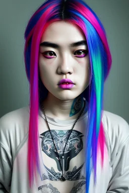 asian cool stylish, billie elish lookalike, with piercings,rainbow hair, androgynous look, epic colour treatment, cinematic colour treatment, meticulously intricate perfectly symmetrical extremely detailed, pixiv daily ranking, pixiv, extreme depth of field, artstation, spectacular details, volumetric lighting, masterpiece, cinematic, Hollywood production, 8k resolution, high definition, max octane render, vivid colors, max resolution, max perfectionism, realistic composition, professional photo