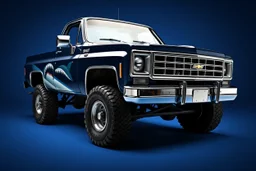 front corner 1976 Chevrolet square body truck(lifted) facing to viewer's left, with shark nose graphic on sides, navy blue background