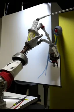 A slender flexible robotic arm with flexible joint is being drawn an oil painting . 机械臂要多彩。