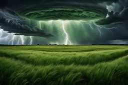 Surreal big storm, Stormy weather over a little field of tall grass. A cereal circle in grass under a dramatic sky filled with large, dark clouds. Lightning can be seen streaking across the sky, creating a striking contrast with the green grass. The atmosphere appears ominously foreboding, as if the storm might unleash its fury upon the land,Kandinskysurreal, sinister, dali, bosch, klee style