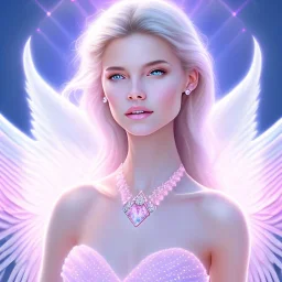 portrait of a beautiful woman with an angel face smiling, pink and blue dress, jewels, soft light aura