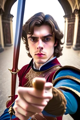 european brown hair young adult royal guard swordsman with rapier selfie stick