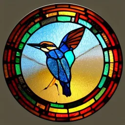 round coaster of kingfisher with stained glass window effect, highly detailed, intricate, warm colors, stained glass window, glossy from rain, warm lighting, dramatic lighting