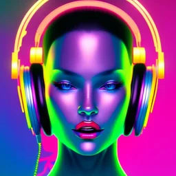 close-up of a female face with headphones in retro colors, synthwave style, 2d, digital, vector art