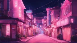 Cute pink-aesthetic anime town at night