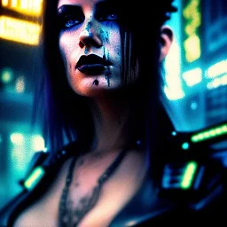 portrait oil on canvas, beautiful punk busty female Cyborg, intense stare, sad glowing eyes, post-apocalyptic in a cyberpunk city,minimal skintight latex dress, bladerunner movie poster, realistic, intriacte detail, sci-fi fantasy style, masterpiece, volumetric lighting, particles, highly detailed ,cinamatic , deep colours,8k, in the style of Kaare Andrew