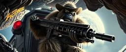 movie poster, portrait interview cowboy Abominable Yeti climbing outside space ship in cave holding huge mounted chain gun