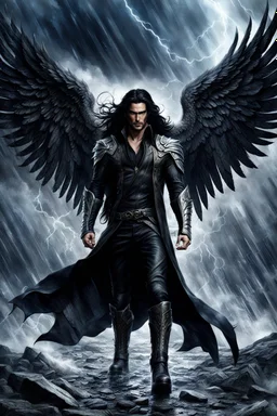 Badass fallen angel, attractive man with long black hair, dark leather cloth, boots, high quality, detailed, cinematic. digital art, fantasy, sci-fi, storm, masterpiece