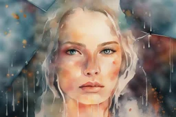 watercolor portrait of a woman, rain, flowers, umbrella, autumn, paint blots