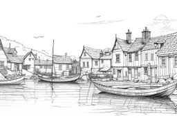 English fishing village thin light sketchy light hb pencil line art minimalist outlines