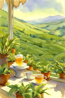 plantains of tea, tea plants, hills, beautiful view, bright colors,morning light, pen line sketch and watercolor painting ,Inspired by the works of Daniel F. Gerhartz, with a fine art aesthetic and a highly detailed, realistic style