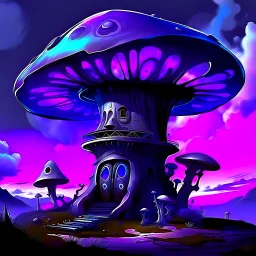 A fantabulous black, purple and blue (((mushroom tower house))) erected atop a (geologic pillar), surrounded by the uncanny imaginative ((( swirling skies))), offset by the stark hues of a (neon-tinged nebulous space scape), within. captured by the hand a skilled master painter with a focus on (softly blurred compositions and voluminous lighting).