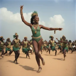 [art by Kevin Eastman and Peter Laird] A surprised Niger sublime dancer woman, 24-years-old wearing a white and green one-piece swimsuit , dancing gracefully with a walking orchestra, the overcast sky in the background, vintage 1980's photo
