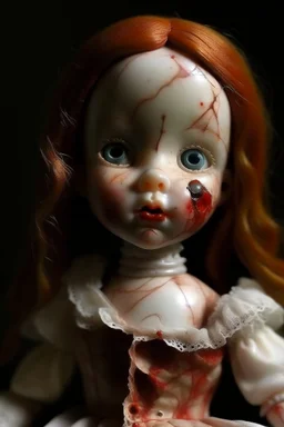 A hauntingly beautiful porcelain doll with small storms for eyes. Her skin is pale and cracked like porcelain. Her hair is red like wine with fire coming out. Her lips are sewn together except for one corner that is ripped and bleeding.