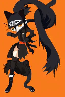 cat 2d, ninja, black fur,full body, orange torn coat,game character, strong, anime, chibi