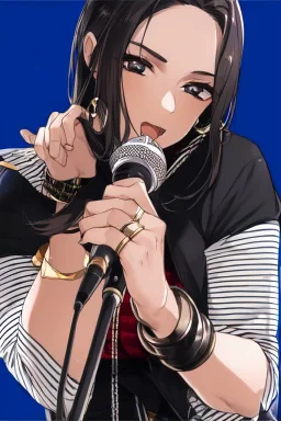 attractive female country music singer leaning forward while holding microphone in one hand, other hand brought up to side of neck, change clothing to plaid in natural tones, leather bracelets on wrists, long hair, mouth open singing, rings on fingers, eyes closed