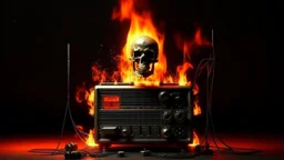 4K. REALISTIC FULL DETAILS. LOGO EMISSION DE RADIO HARDROCK FIRESTARTER TERMINATOR. FLAMMES EN FOND D IMAGE RADIO QUI BRULE VILLE EN FEU