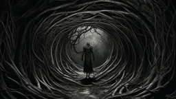 a dark and eerie tunnel with a figure in the center. The figure appears to be a humanoid figure with a long, slender body and a round head. It is standing in the middle is made up of twisted and gnarled branches and roots, creating a tunnel-like atmosphere. The floor is made of stone tiles, and the overall mood is dark and foreboding. The overall mood is eerie and eerie.