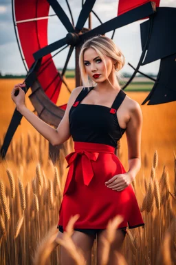 Beautiful russian girl, blonde hair, bold lipstick, windmill, wheat field, braided bangs, braided bobcut, solo, apron,thick thighs, side-tie panties, black hair,red dress, portrait