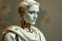 an automaton, a mechanical man, made of ivory porcelain skin, with bronze gold trims, doll-like features, dressed in classical greek clothes, empty black eyes and unexpressive face, full figure, photorealism