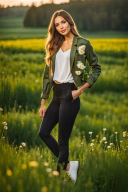 fullbody shot of young-beautiful-girl-with-a-perfect-face wearing pants and thight blouse and jacket sport shoes standing in country side green field flowers day lights