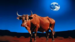 A brown bull with exaggerated muscles standing on a red ground with a blue sky and a full moon in the background