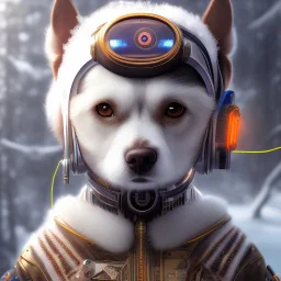 Cyberpunk Portrait of cyborg dog child with brown hair and with cute face, north pole snowy vibe , perfect composition, hyperrealistic, super detailed, 8k, high quality, trending art, trending on artstation, sharp focus, studio photo, intricate details, highly detailed, by greg rutkowski