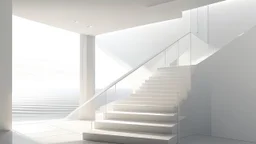 A minimalist architectural rendering of an interior space, featuring a staircase, a window with a view of the ocean, and a person in the background. The color palette is primarily neutral, with shades of white, gray, and beige dominating the scene. The lighting is soft and diffused, creating a calm and airy atmosphere. The staircase is a prominent feature, with white steps and a simple metal railing. It leads to an upper level, and a small square window is visible on the wall next to the stairs.
