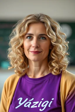 make an image of a 40-year-old woman called "Dani", beige skin, blonde, curly shoulder-lenght hair. In an school of english language with a purple t-shirt written "Yázigi"