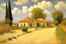 sunny day, clouds, rocks, trees, mountains, countryside, dirt road, adobe old house, gustave caillebotte and pieter franciscus dierckx impressionism paintings