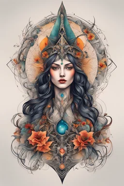 Create a captivating modern 2d colorfull ink tattoo design for print , prestigious Witch using the elegant influences of feudal art style, for print, dynamic elements from fashion and design, and bold European contemporary art aesthetics, framing centered in the center, distanced from the edges of the paper perimeter, perfect anatomy, bauhaus, Divine Proportion,