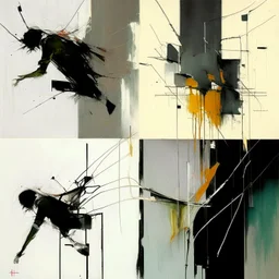 Minimal abstract oil painting of a falling person limbs sinew. concrete fragments brutalist architecture and hanging wires. In the style of Justin Mortimer and Phil Hale and Ashley Wood