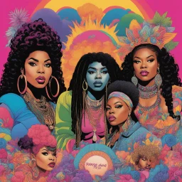 women of hip hop [physchedelic album cover illustration colourful Hard Core by Lil’ Kim Salt and pepper, Shay, Queen Latifah, Roxanna chanté