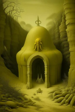 A pale greenish yellow underground temple with a poisonous scorpion painted by Grant Wood