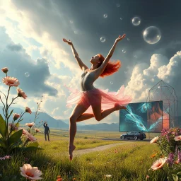 Dynamic cifi country side ,hypnotic of 3D structures Symmetry twisting and morphing between cifi plants , cifi flowers and metal geometric 3d structures buildings ,cifi cars, and an open cifi stage with a beautiful lady dancer in stage,a future pretty lady singer presenting in a big tv screen her art performance in it,smooth translucent iridescent glass with inner glow and bubbles, varied transparent materials, stormy skies, intense dramatic a very beautiful lady gymnast is playing best of her g