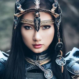 beautiful young asian queen with black leather studded armor, delicate black braided hair, glass eyes, highly detailed, 8k, ambient light, taylor swift